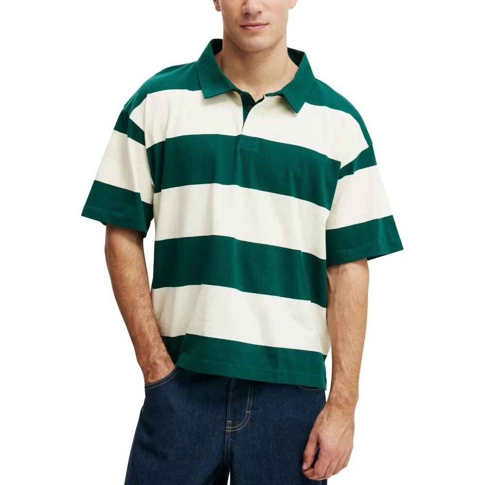 COTTON ON Cropped Polo Shirt Mens Large Green White Striped Short Sleeve Rugby